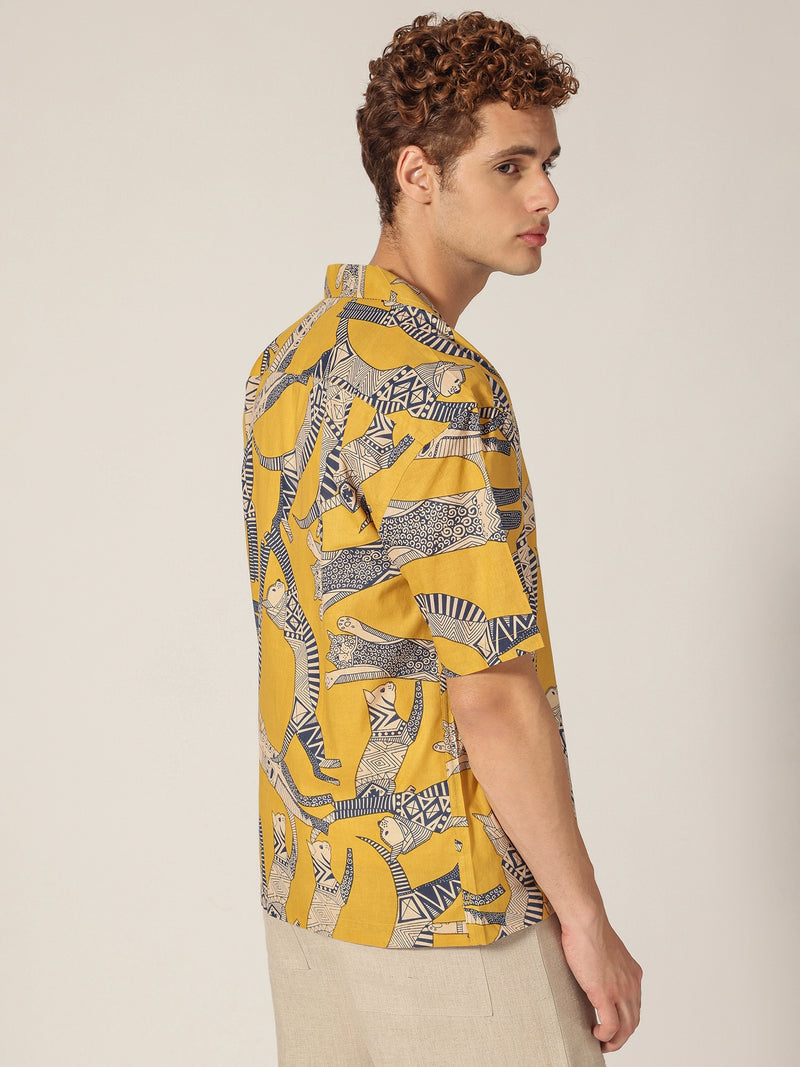 Yellow: Block Printed Drop Shoulder Oversized Shirt