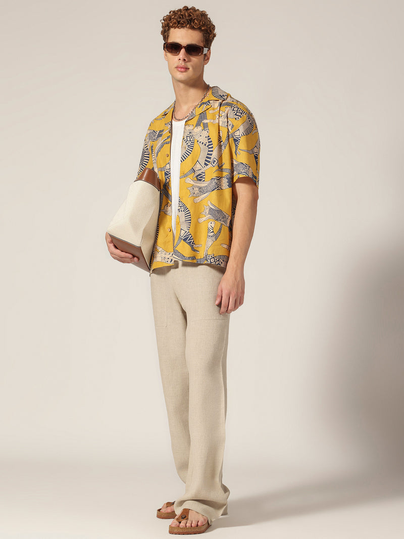 Yellow: Block Printed Drop Shoulder Oversized Shirt