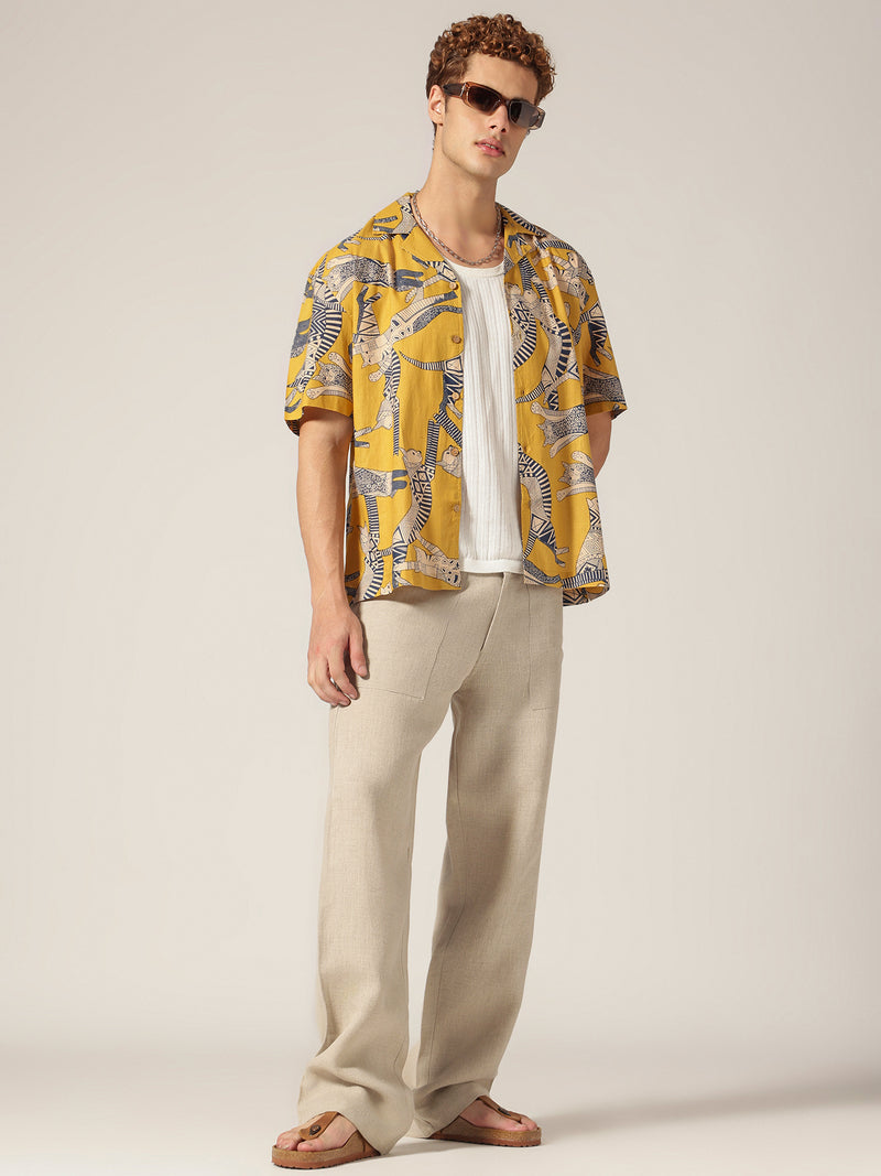 Yellow: Block Printed Drop Shoulder Oversized Shirt
