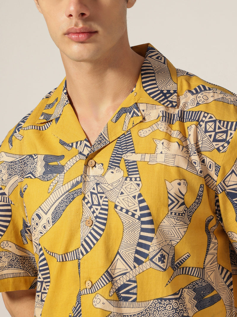 Yellow: Block Printed Drop Shoulder Oversized Shirt