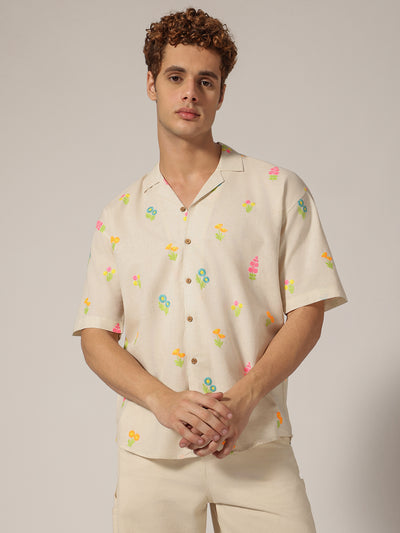 Off White: Embroidered Drop Shoulder Oversized Casual Shirt