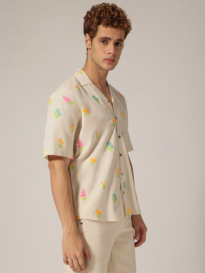 Off White: Embroidered Drop Shoulder Oversized Casual Shirt