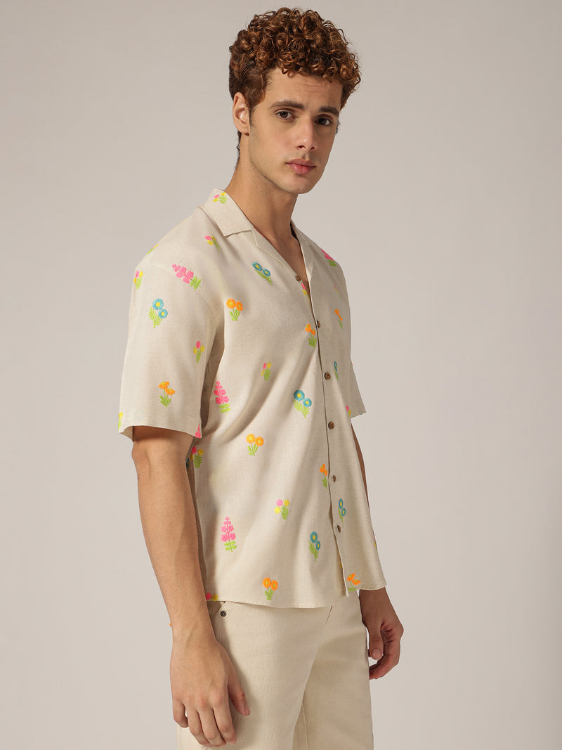 Off White: Embroidered Drop Shoulder Oversized Casual Shirt