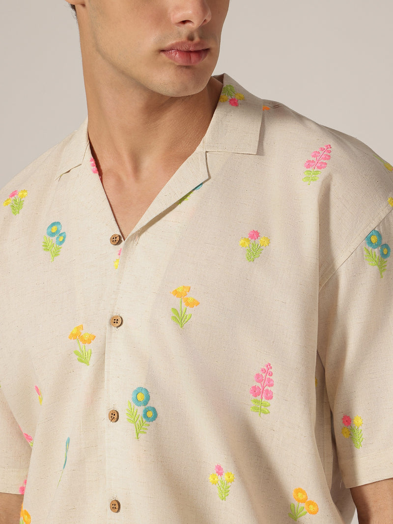 Off White: Embroidered Drop Shoulder Oversized Casual Shirt