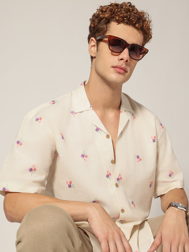 Off White: Embroidered Drop Shoulder Oversized Casual Shirt