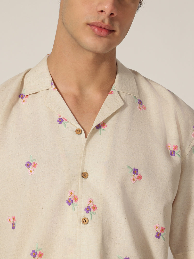 Off White: Embroidered Drop Shoulder Oversized Casual Shirt