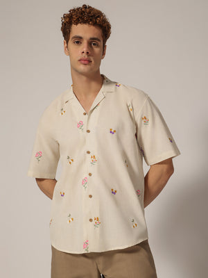 Off White: Embroidered Drop Shoulder Oversized Casual Shirt