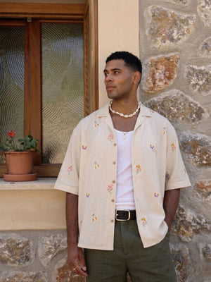 Off White: Embroidered Drop Shoulder Oversized Casual Shirt