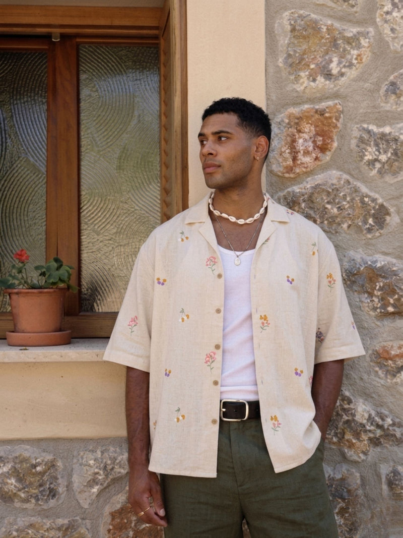 Off White: Embroidered Drop Shoulder Oversized Casual Shirt