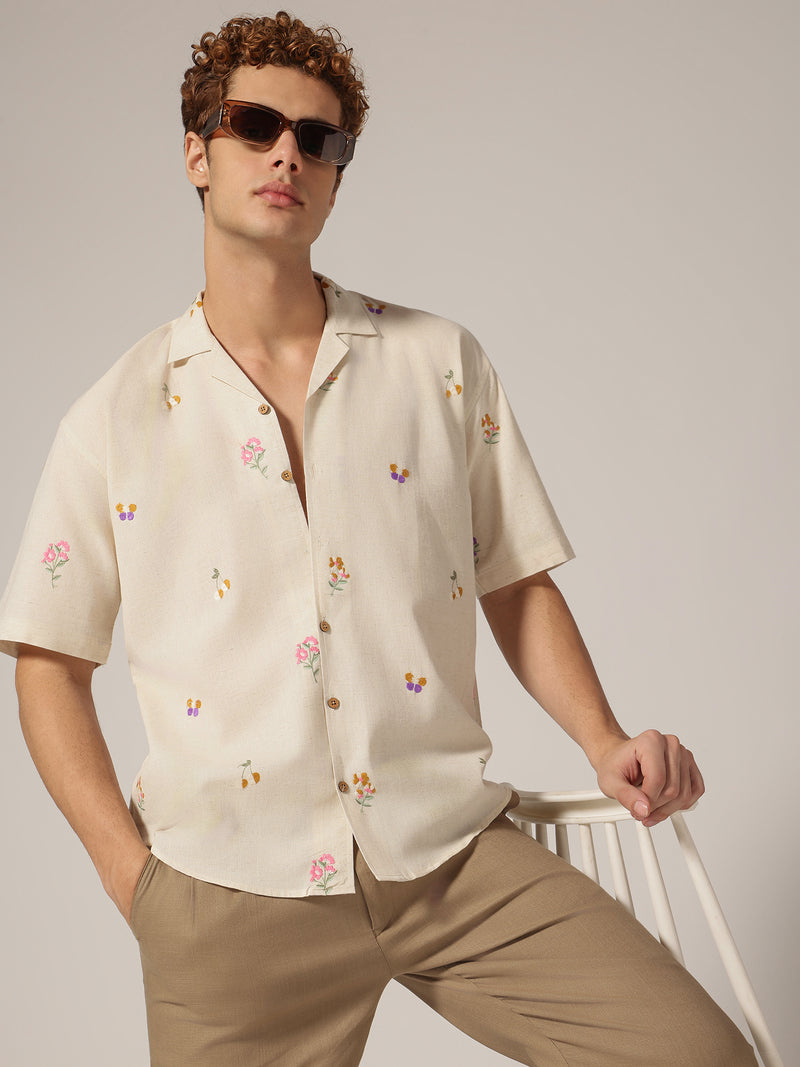 Off White: Embroidered Drop Shoulder Oversized Casual Shirt