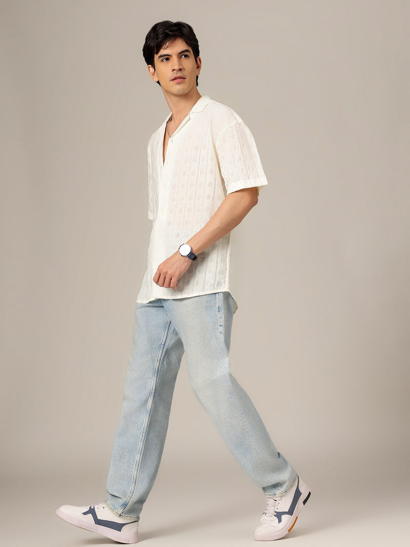 Cream: Jacquard Oversized Drop-Shoulder Casual Shirt