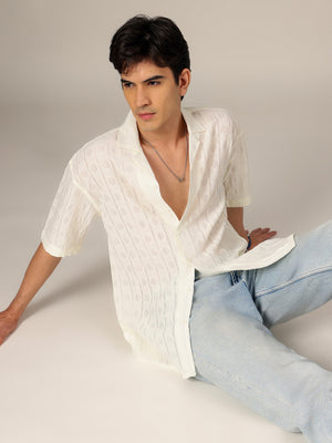 Cream: Jacquard Oversized Drop-Shoulder Casual Shirt