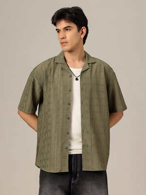 Olive Green: Jacquard Oversized Drop-Shoulder Casual Shirt