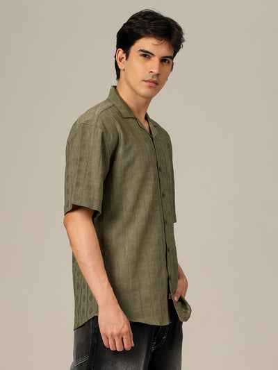 Olive Green: Jacquard Oversized Drop-Shoulder Casual Shirt