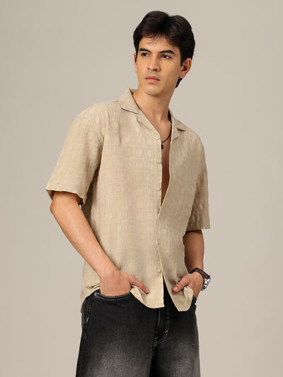 Beige: Jacquard Oversized Drop-Shoulder Casual Shirt