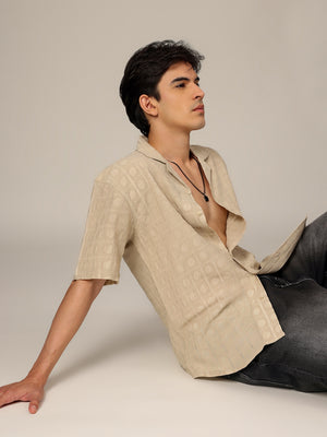 Beige: Jacquard Oversized Drop-Shoulder Casual Shirt