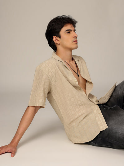 Beige: Jacquard Oversized Drop-Shoulder Casual Shirt