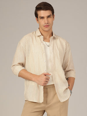 Cream & Brown: Vertical Striped Oversized Casual Shirt
