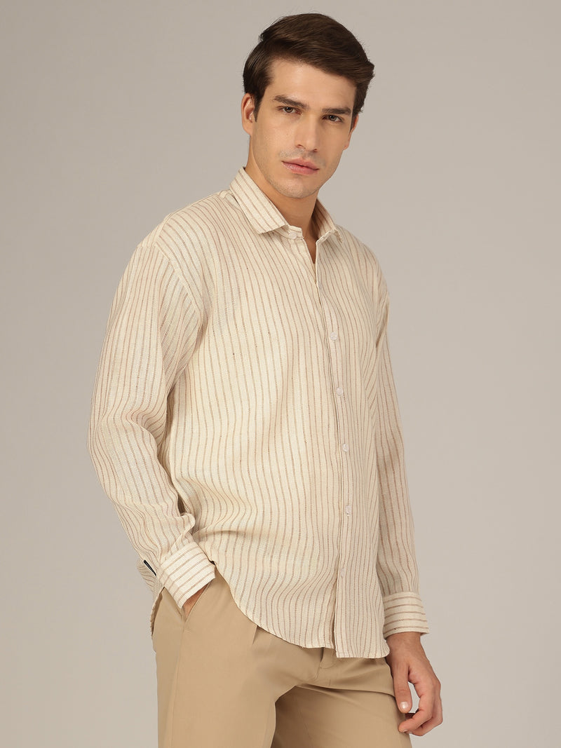 Cream & Brown: Vertical Striped Oversized Casual Shirt