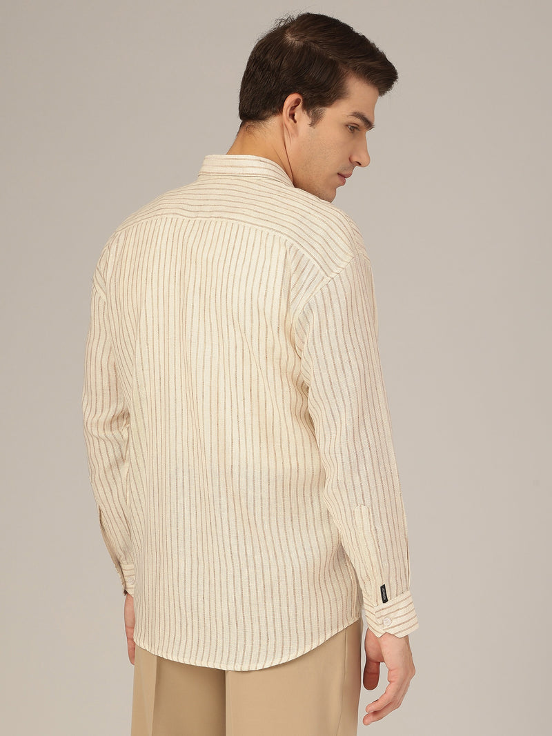 Cream & Brown: Vertical Striped Oversized Casual Shirt