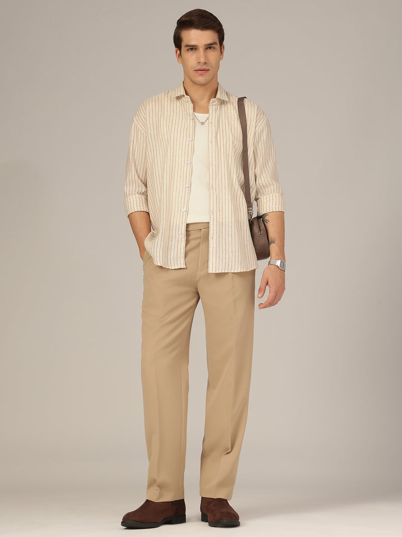 Cream & Brown: Vertical Striped Oversized Casual Shirt