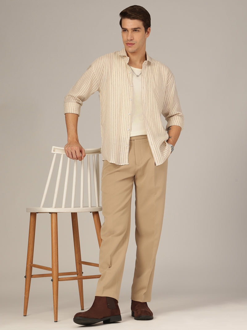 Cream & Brown: Vertical Striped Oversized Casual Shirt