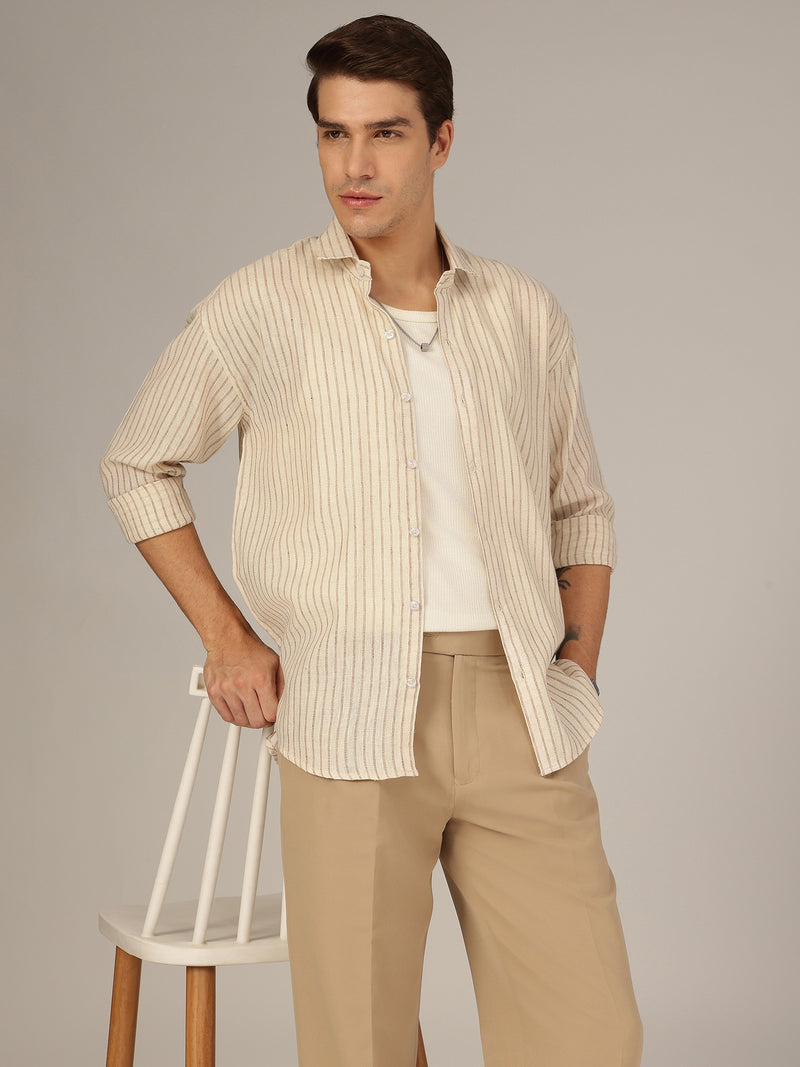 Cream & Brown: Vertical Striped Oversized Casual Shirt