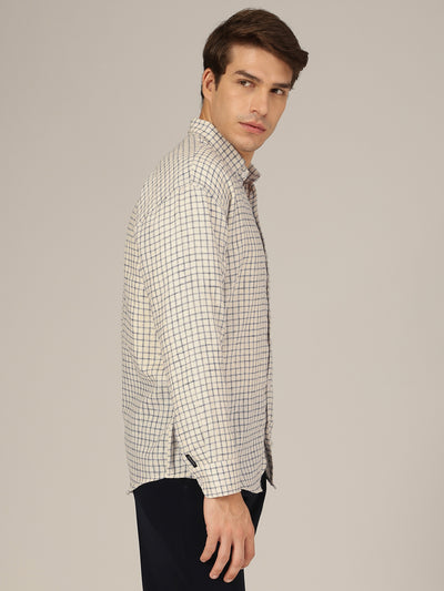 Cream & Blue: Checkered Button-Down Collar Casual Shirt