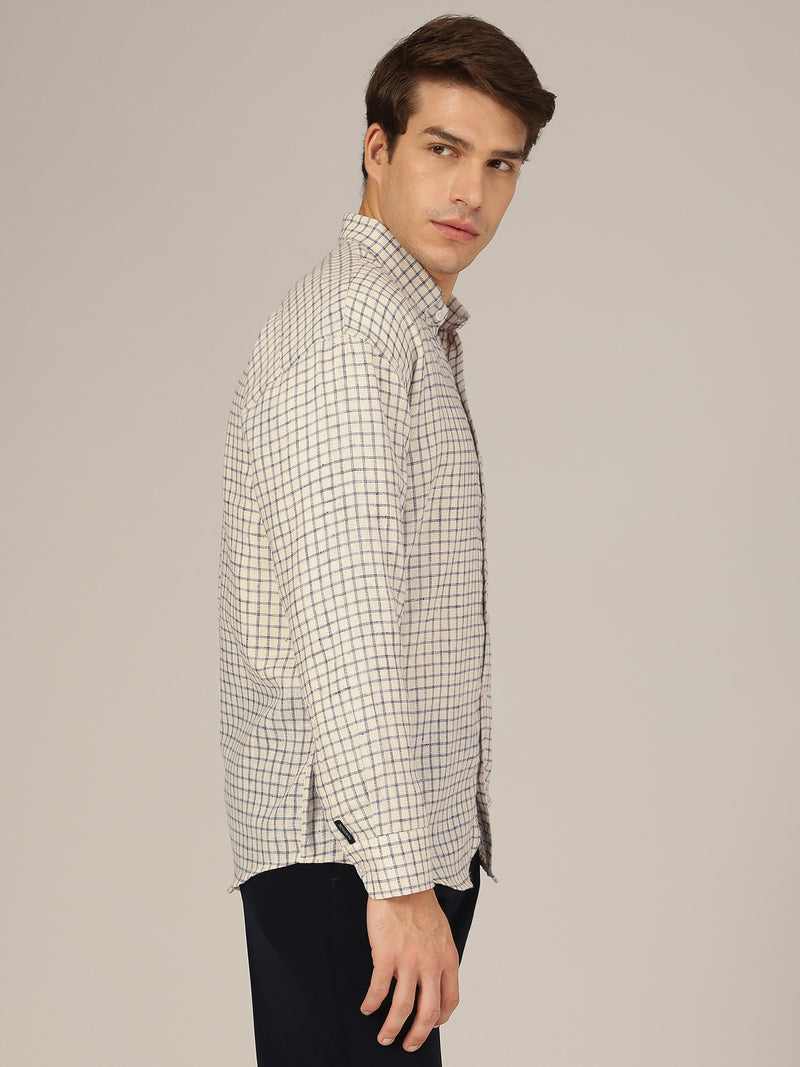 Cream & Blue: Checkered Button-Down Collar Casual Shirt