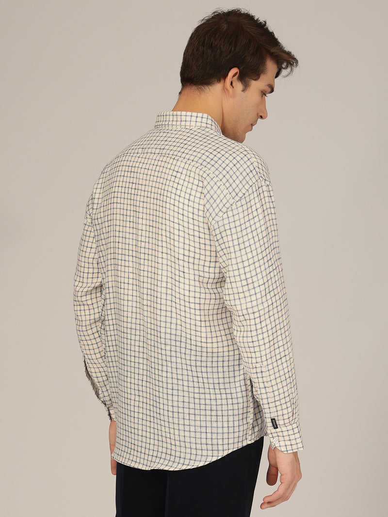 Cream & Blue: Checkered Button-Down Collar Casual Shirt