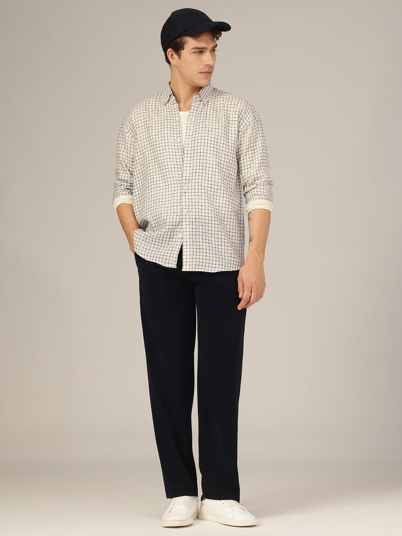 Cream & Blue: Checkered Button-Down Collar Casual Shirt