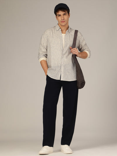 Cream & Blue: Checkered Casual Shirt