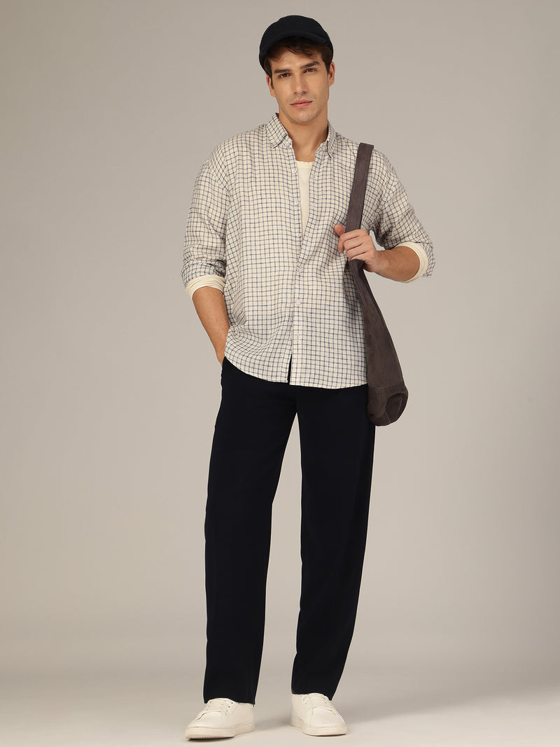 Cream & Blue: Checkered Button-Down Collar Casual Shirt