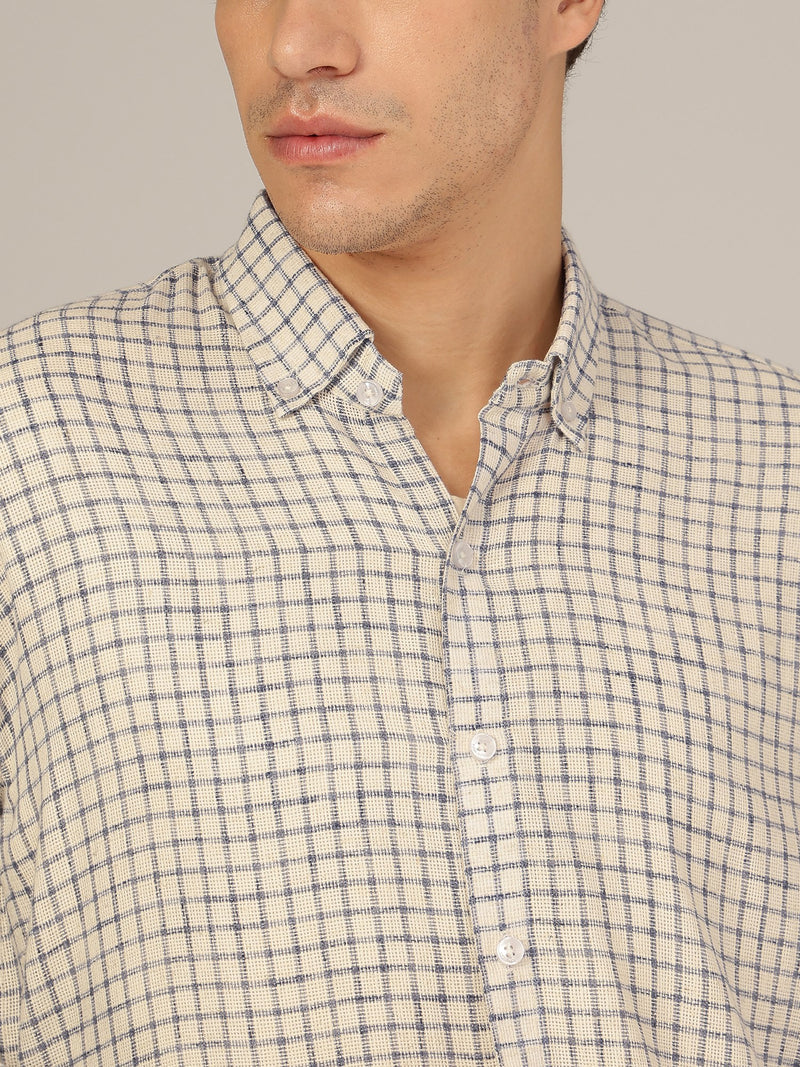 Cream & Blue: Checkered Button-Down Collar Casual Shirt