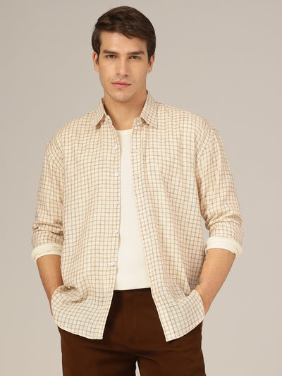 Cream & Brown: Checkered Button-Down Collar Casual Shirt