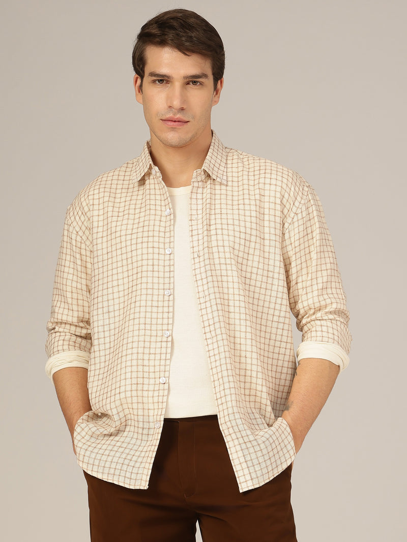 Cream & Brown: Checkered Button-Down Collar Casual Shirt