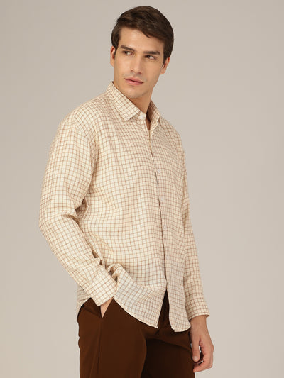 Cream & Brown: Checkered Button-Down Collar Casual Shirt