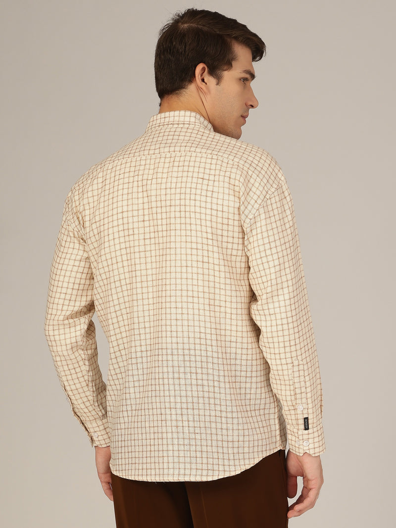 Cream & Brown: Checkered Button-Down Collar Casual Shirt