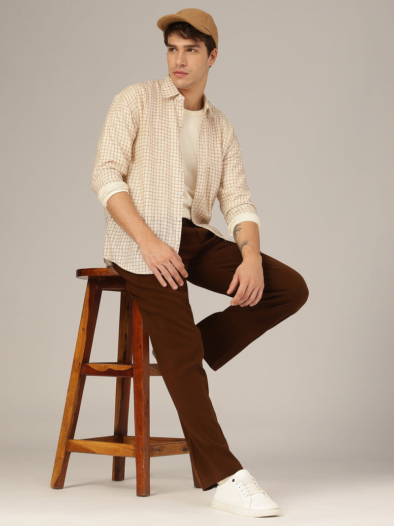 Cream & Brown: Checkered Button-Down Collar Casual Shirt