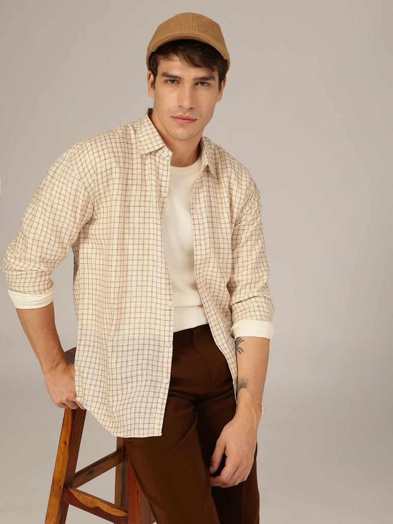 Cream & Brown: Checkered Button-Down Collar Casual Shirt