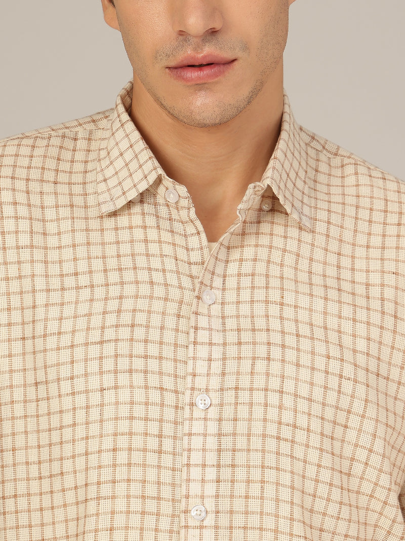 Cream & Brown: Checkered Button-Down Collar Casual Shirt