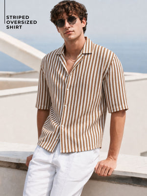 Brown & White: Striped Drop-Shoulder Oversized Casual Shirt