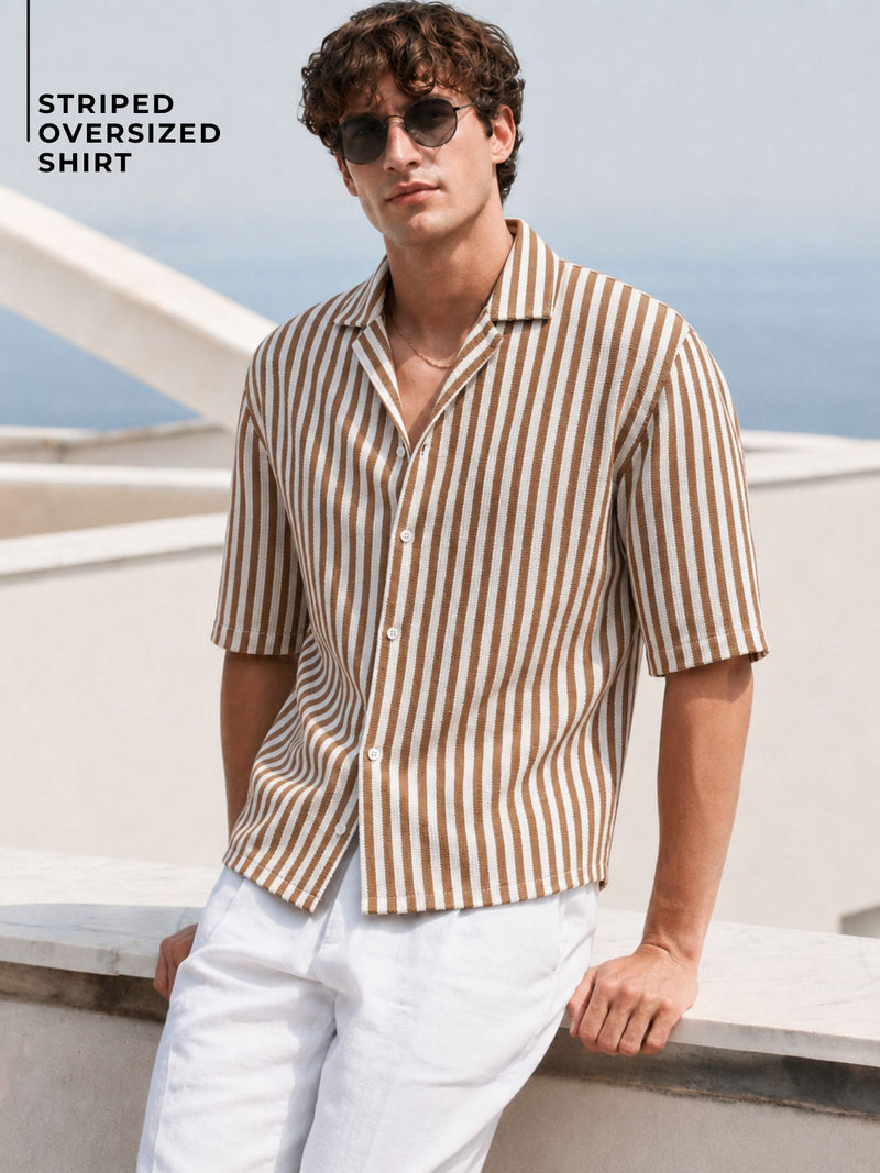 Brown & White: Striped Drop-Shoulder Oversized Casual Shirt