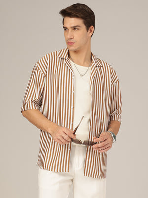 Brown & White: Striped Drop-Shoulder Oversized Casual Shirt