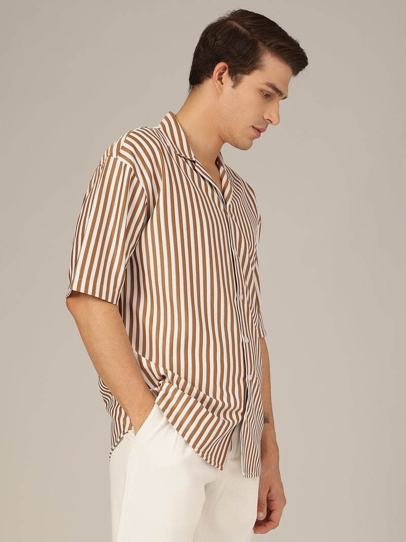 Brown & White: Striped Drop-Shoulder Oversized Casual Shirt