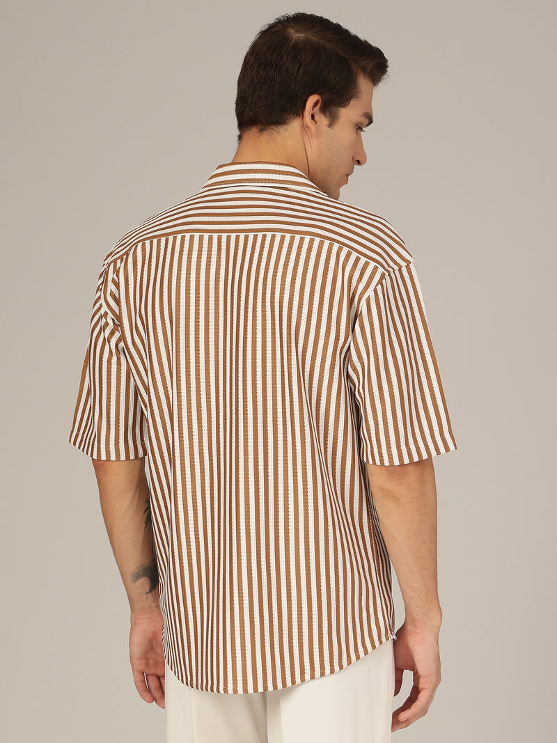 Brown & White: Striped Drop-Shoulder Oversized Casual Shirt