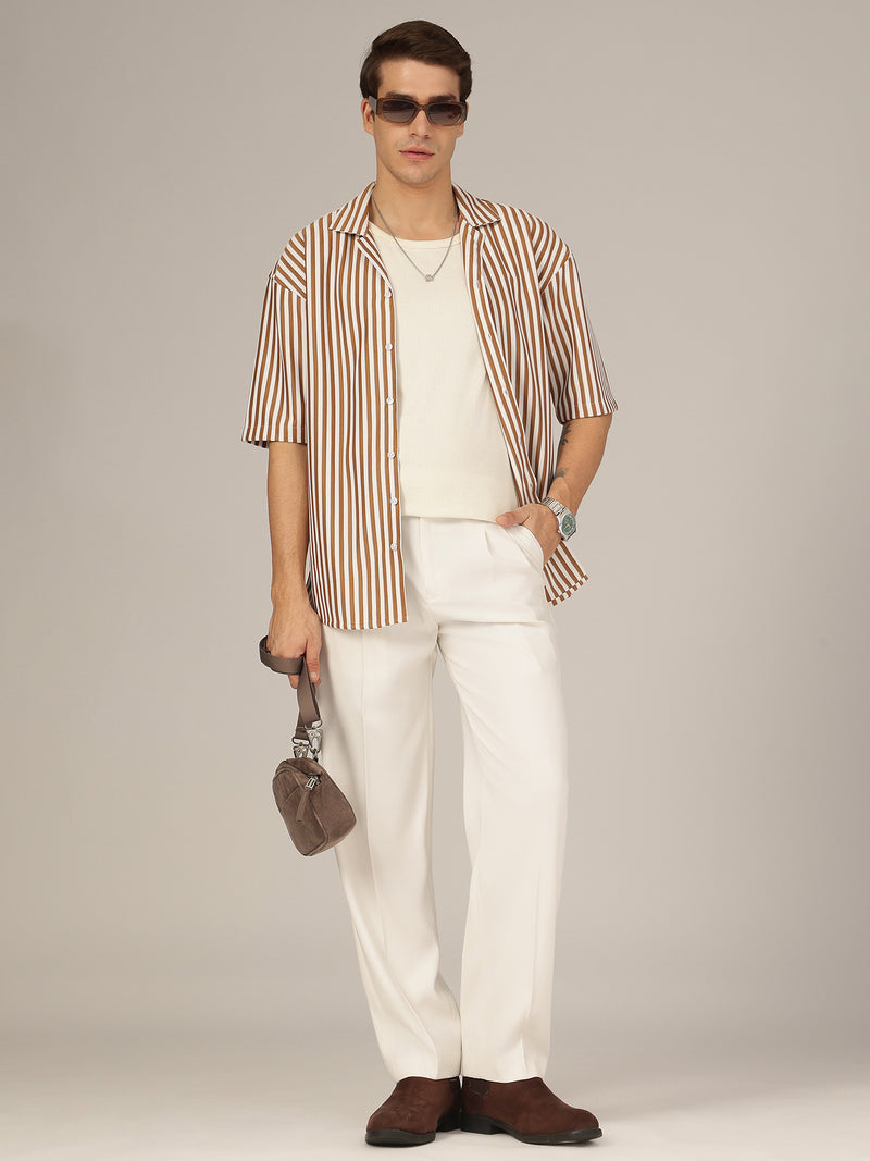Brown & White: Striped Drop-Shoulder Oversized Casual Shirt