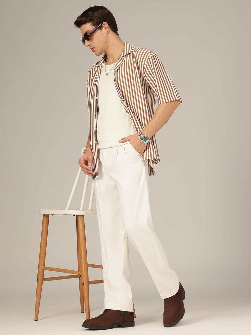 Brown & White: Striped Drop-Shoulder Oversized Casual Shirt
