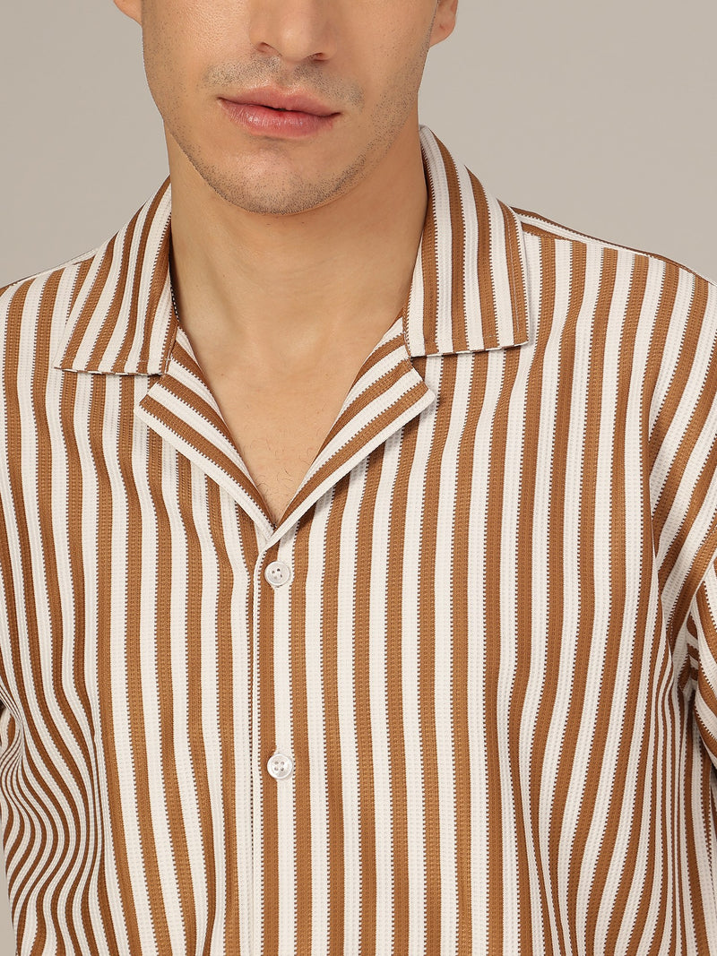 Brown & White: Striped Drop-Shoulder Oversized Casual Shirt