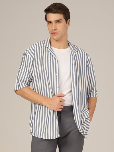 Blue & White: Striped Drop-Shoulder Oversized Casual Shirt